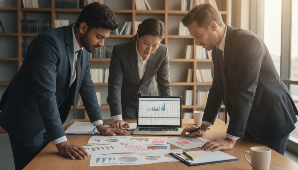 A detailed, professional image depicting a financial analysis setting focused on insurance cost estimation. In the foreground, a diverse group of three professionals (two men and one woman) in smart business attire, analyzing documents with charts, graphs, and error highlights on a polished wooden table. Their expressions are focused and engaged, showcasing collaboration. In the middle, a laptop displays complex spreadsheets, while an inspector's report with marked mistakes lies open. In the background, a modern office with bookshelves lined with insurance and finance books, large windows allowing soft natural light to illuminate the space, creating a warm and focused atmosphere. The mood is serious yet constructive, illustrating the common pitfalls in insurance estimates. The lens should be slightly angled downward, capturing both the subjects and the cluttered workspace, with a shallow depth of field for a professional finish.