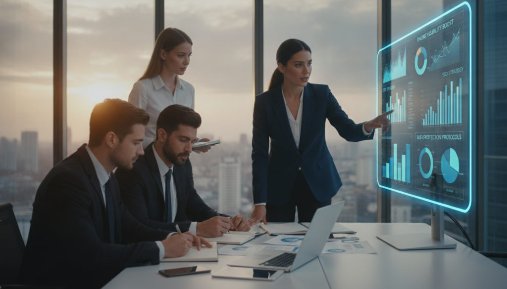 A professional and modern office environment, showcasing a diverse team of four individuals engaged in a focused discussion around a large digital screen displaying data analytics and strategies for improving online visibility. The foreground features a confident woman in a smart blazer pointing at the screen, with two men in business suits taking notes. A laptop is open on the table, surrounded by documents and digital devices. In the middle, the screen shows colorful graphs and insights with a glowing effect, indicating enhanced online presence. The background reveals glass walls and urban cityscape, bathed in soft morning light, creating an atmosphere of innovation and teamwork. The mood is collaborative and forward-thinking, emphasizing data protection strategies. A professional and modern office environment, showcasing a diverse team of four individuals engaged in a focused discussion around a large digital screen displaying data analytics and strategies for improving online visibility. The foreground features a confident woman in a smart blazer pointing at the screen, with two men in business suits taking notes. A laptop is open on the table, surrounded by documents and digital devices. In the middle, the screen shows colorful graphs and insights with a glowing effect, indicating enhanced online presence. The background reveals glass walls and urban cityscape, bathed in soft morning light, creating an atmosphere of innovation and teamwork. The mood is collaborative and forward-thinking, emphasizing data protection strategies.
