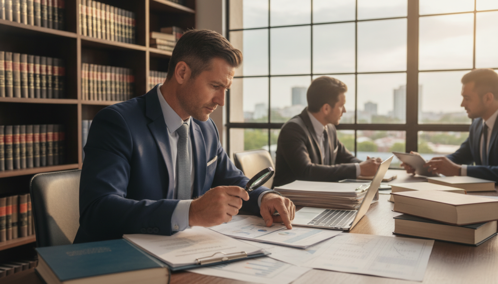 A professional insurance appraiser, dressed in business attire, meticulously examining documents and reports on a sleek wooden table in a modern office environment. In the foreground, his focused expression and detailed paperwork highlight the importance of accurate damage assessment. The middle ground features a large window letting in soft, natural light, enhancing the atmosphere of professionalism and trust. In the background, a bookshelf filled with legal and insurance books adds depth and context. The overall mood is serious and collaborative, emphasizing meticulous attention to detail as part of the damage assessment process. The lighting is soft and even, suggesting an afternoon setting, captured from a slight angle to add dynamic perspective.