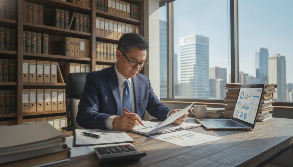 A professional insurance consultant attentively examines a detailed insurance claim document in a well-lit office, surrounded by shelves filled with legal books and case files. In the foreground, there's a wooden desk cluttered with papers, a laptop displaying complex data, and a calculator. The middle ground features the consultant, a middle-aged Asian male dressed in a sharp navy suit and glasses, focused on reviewing the claim. Behind him, a large window lets in natural light, illuminating the room and providing a cityscape view. The atmosphere conveys a sense of seriousness and professionalism, emphasizing the importance of the claims process. The angle is slightly tilted to capture both the consultant's concentration and the organized chaos of the office.