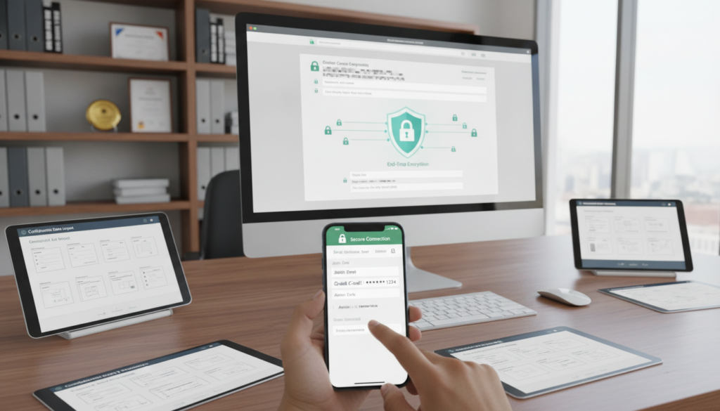 A professional office setting featuring a well-organized desk displaying various secure online form templates. In the foreground, there are two hands cupping a smartphone, showing a secure form filled with placeholder data and highlighting safety features like secure connection icons. The middle ground features a computer monitor showcasing an interactive online form interface with encrypted data symbols, reflecting a commitment to safety. The background displays a blurred office environment with shelves filled with books and certifications on data privacy. The lighting is bright and inviting, emphasizing a sense of professionalism and security. Capture this scene from a slightly elevated angle, creating a dynamic perspective that conveys a modern and cautious approach to data submission. A professional office setting featuring a well-organized desk displaying various secure online form templates. In the foreground, there are two hands cupping a smartphone, showing a secure form filled with placeholder data and highlighting safety features like secure connection icons. The middle ground features a computer monitor showcasing an interactive online form interface with encrypted data symbols, reflecting a commitment to safety. The background displays a blurred office environment with shelves filled with books and certifications on data privacy. The lighting is bright and inviting, emphasizing a sense of professionalism and security. Capture this scene from a slightly elevated angle, creating a dynamic perspective that conveys a modern and cautious approach to data submission.