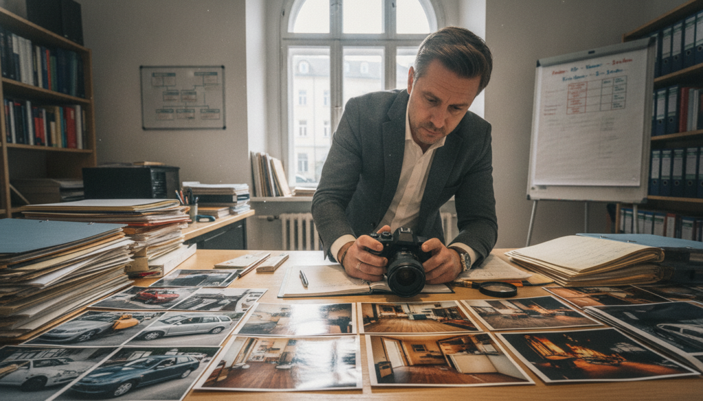 A professional setting depicting an office environment with a desk cluttered with documents, photographs, and evidence related to various types of damages. In the foreground, there are neatly arranged papers showing images of vehicle damage, water leaks, and fire incidents. The middle ground features a person in professional attire carefully reviewing these documents, holding a camera to capture additional evidence. The background showcases a large window with soft natural light streaming in, illuminating the workspace. The atmosphere is serious and focused, reflecting the importance of documenting damages properly in Germany. The scene should convey a sense of urgency and professionalism, encouraging thoroughness in the damage reporting process. A professional setting depicting an office environment with a desk cluttered with documents, photographs, and evidence related to various types of damages. In the foreground, there are neatly arranged papers showing images of vehicle damage, water leaks, and fire incidents. The middle ground features a person in professional attire carefully reviewing these documents, holding a camera to capture additional evidence. The background showcases a large window with soft natural light streaming in, illuminating the workspace. The atmosphere is serious and focused, reflecting the importance of documenting damages properly in Germany. The scene should convey a sense of urgency and professionalism, encouraging thoroughness in the damage reporting process.