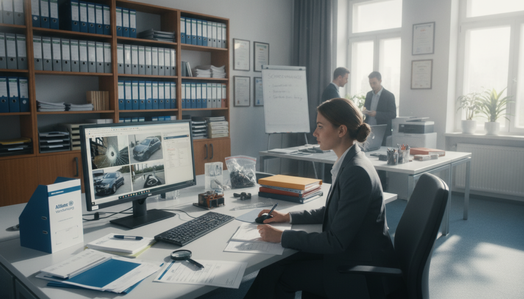 An office interior of a German insurance claims office, showcasing a clean, organized workspace. In the foreground, a professional agent in business attire is focused on a computer, reviewing documents and photographs related to a claim. The middle area features an open desk with neatly arranged files, a laptop, and a stack of paperwork highlighting insurance forms and evidence collection. In the background, shelves are filled with binders and certificates, while a large window allows soft daylight to illuminate the space, creating a calm and professional atmosphere. The scene conveys a sense of diligence and collaboration, emphasizing the importance of securing evidence and documentation during the claims process. An office interior of a German insurance claims office, showcasing a clean, organized workspace. In the foreground, a professional agent in business attire is focused on a computer, reviewing documents and photographs related to a claim. The middle area features an open desk with neatly arranged files, a laptop, and a stack of paperwork highlighting insurance forms and evidence collection. In the background, shelves are filled with binders and certificates, while a large window allows soft daylight to illuminate the space, creating a calm and professional atmosphere. The scene conveys a sense of diligence and collaboration, emphasizing the importance of securing evidence and documentation during the claims process.