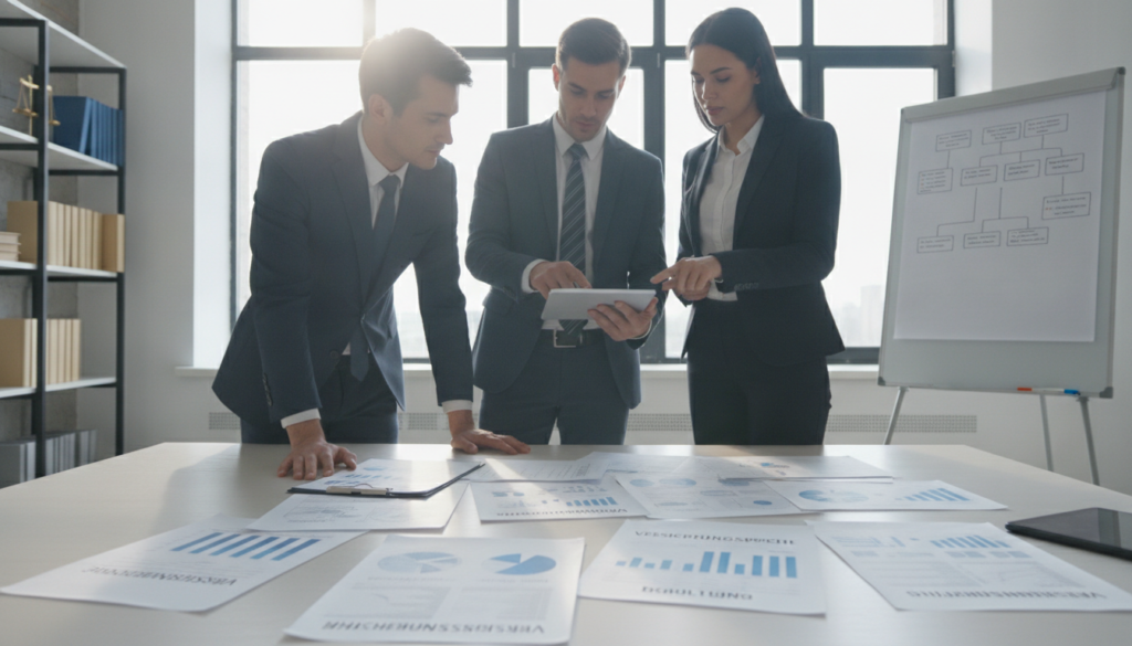 A detailed, professional scene depicting a modern office environment focused on insurance regulations. In the foreground, a table cluttered with documents and policy papers marked with German legal terminology related to insurance claims. In the middle ground, a diverse group of business professionals in smart attire, engaged in a discussion, pointing at a digital tablet displaying insurance data. The background features a large window with natural light pouring in, illuminating the workspace, along with shelves lined with law books and a large whiteboard with diagrams related to claims processes. The mood is serious and collaborative, showcasing the dynamic nature of regulatory changes in the insurance sector. The lighting is bright and warm, casting soft shadows for depth.