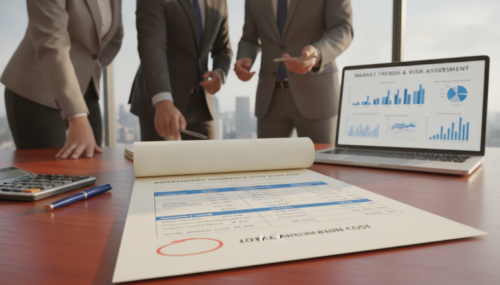 A highly detailed insurance cost estimation document laid out on a polished wooden desk, surrounded by essential tools of the trade—a sleek calculator, a stylish pen, and a professional laptop displaying graphs and statistics. In the foreground, highlight the document with intricate tables and figures, emphasizing clarity and precision. The middle ground features a soft-focus view of a diverse group of professionals, dressed in business attire, engaged in earnest discussion, pointing at the document as they analyze the data. The background presents a modern office setting with large windows letting in warm, natural light, creating an inviting atmosphere. Capture a sense of collaboration and professionalism, with a composition that exudes trust and expertise. The overall mood is serious yet optimistic, reflecting the benefits of independent verification in insurance calculations.