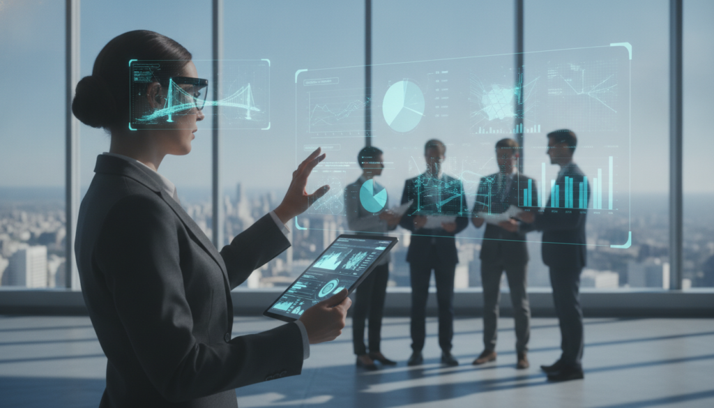 A modern office environment depicting advanced technology for damage assessment. In the foreground, a professional in business attire analyzes detailed digital reports on a sleek tablet, while utilizing augmented reality glasses displaying 3D models of damaged structures. The middle ground features a holographic interface projecting graphs and images, illustrating data on structural integrity. The background contains a large window revealing a city skyline bathed in natural light, highlighting a bright, innovative atmosphere. Soft shadows and warm lighting enhance the clarity and vibrancy of the scene, conveying a sense of precision and professionalism. The overall mood is focused and forward-thinking, emphasizing the importance of accurate assessments in damage evaluation.