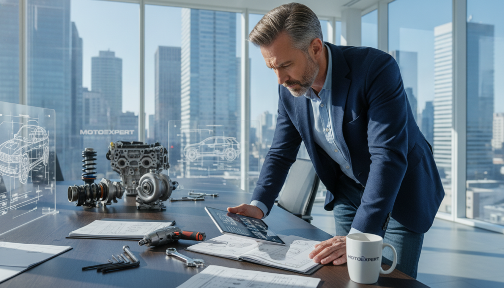 A professional automotive expert, depicted in a modern office setting, attentively examining a car's detailed specifications on a digital tablet. The foreground features the expert, a mid-aged man in smart casual attire, with a focused expression, surrounded by automotive tools and documents. In the middle ground, various car parts and schematics are displayed on a sleek conference table. The background reveals a well-lit office with large windows showing a clear view of a bustling cityscape. The lighting is bright and clear, suggesting a productive atmosphere. The image captures a sense of trust and expertise, embodying a decisive moment in automotive assessment, reflecting the professionalism and integrity of MOTOEXPERT.