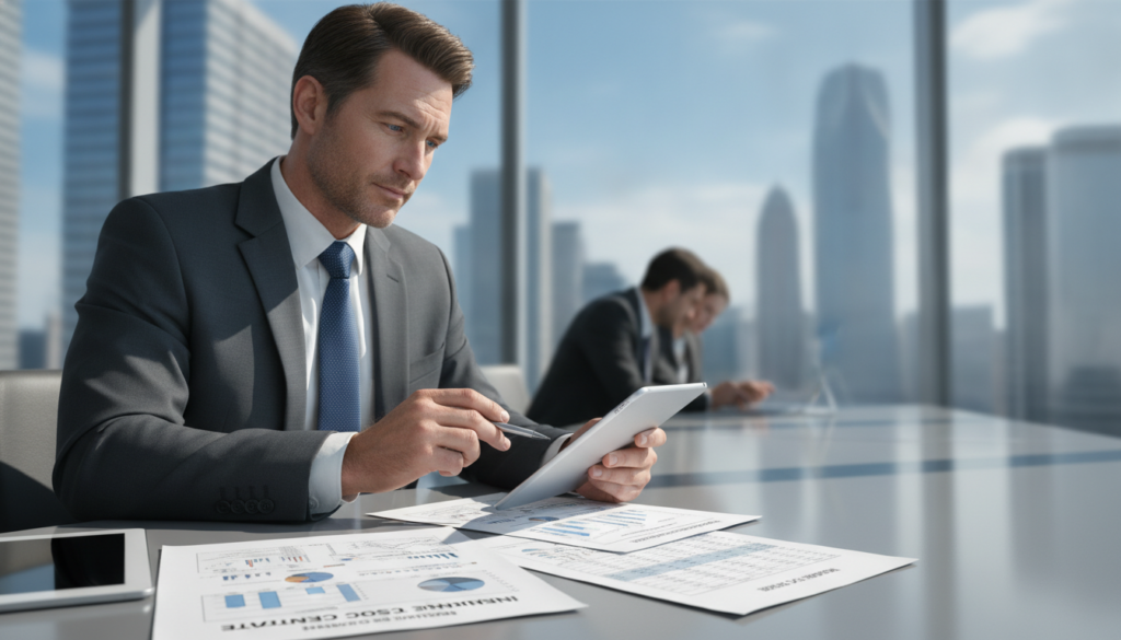 A professional financial consultant is sitting at a sleek, modern desk, reviewing an insurance cost estimate. The foreground features a close-up of the detailed documents, showcasing complex graphs and numbers. The middle ground includes the consultant, a middle-aged man in business attire, focused and thoughtful, using a sleek tablet for calculations. In the background, a large window reveals a city skyline, bathed in natural light, creating a bright and optimistic atmosphere. Soft shadows play across the scene, enhancing the feeling of professionalism and attention to detail. The overall mood is one of collaboration and expertise, emphasizing teamwork with an insurer on evaluating financial estimates.