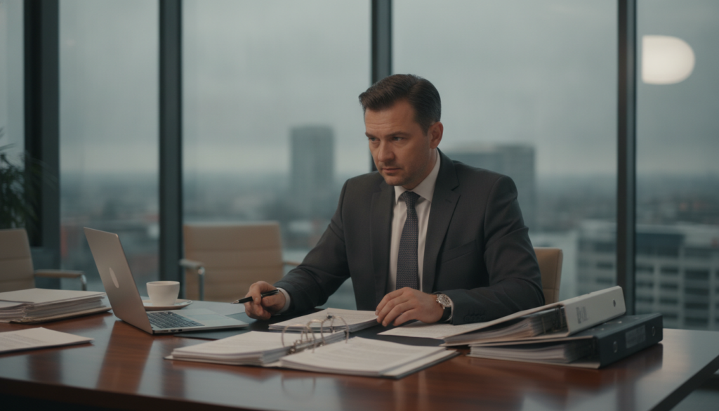 A professional lawyer in a sleek, modern office in Germany, focused and engaged in a serious consultation. In the foreground, the lawyer is depicted wearing a tailored dark suit and tie, sitting at a polished wooden desk covered with legal documents and a laptop. In the middle ground, a blurred view of a cityscape through large windows, showcasing a cloudy day that gives a somber mood. The lighting is soft yet adequate, emphasizing the lawyer's determined expression. Papers and a coffee cup are strategically placed to convey a busy environment. The atmosphere is one of professionalism and urgency, reflecting the importance of the collaboration between a client and their attorney in handling a legal case after an accident.