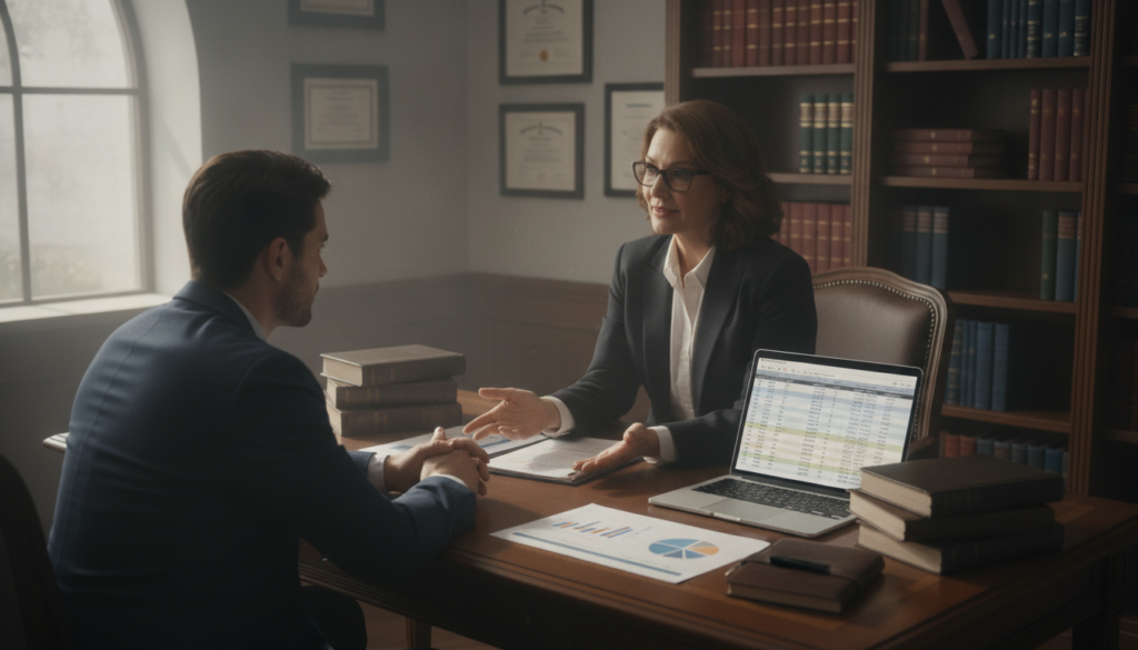 A professional lawyer's office, featuring an elegant wooden desk with legal books, charts, and a laptop displaying a budgeting spreadsheet. In the foreground, a lawyer in business attire, a middle-aged woman with glasses, is consulting with a concerned client, a young man in smart casual clothing. The atmosphere is serious yet reassuring, with natural lighting streaming through a large window, casting soft shadows. The background shows law certificates on the wall and a bookshelf filled with legal texts. The composition is shot from a slightly elevated angle to capture both the discussion and the serene office environment, highlighting the importance of legal advice, especially in financial difficulties. The image should convey a sense of professionalism and trust.