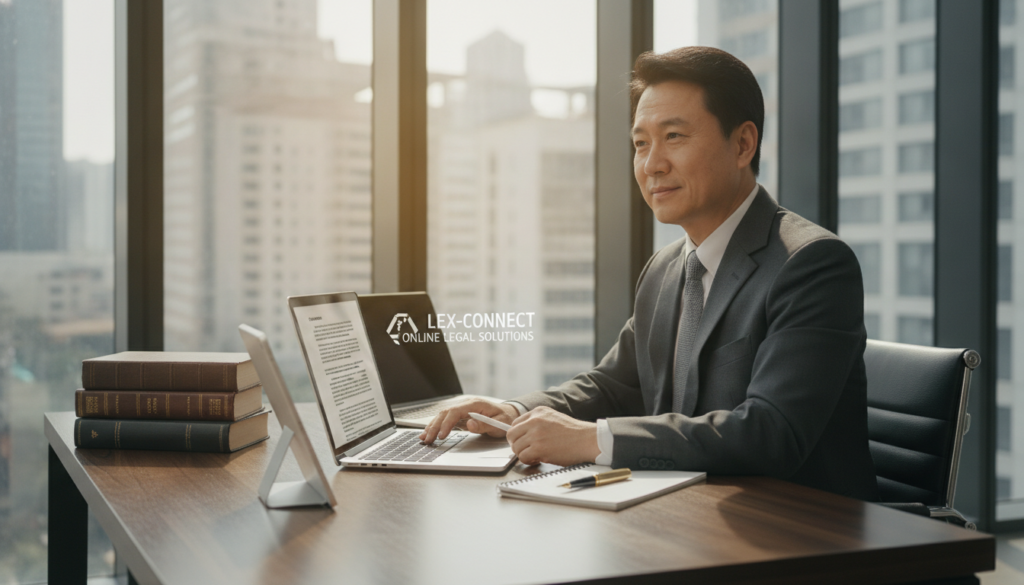 A professional-looking online lawyer in a modern office setting, seated at a sleek desk with a laptop open, focused on a legal document on the screen. The lawyer, a middle-aged person of Asian descent, is dressed in a sharp business suit, exuding confidence and expertise. Reflective glass windows in the background show a cityscape, enhancing the professional atmosphere. Soft, natural lighting filters in from the windows, casting a warm glow across the scene. In the foreground, a stack of legal books and a notepad with a pen hint at the depth of knowledge and preparation. The overall mood conveys professionalism, authority, and the accessibility of legal services through online means, capturing the essence of alternative legal options.