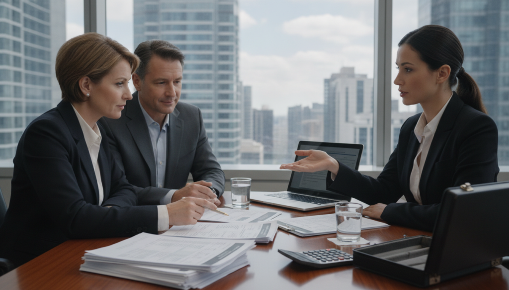 A professional office environment showcasing a meeting between a client and an insurance agent discussing accident compensation. In the foreground, the clients, a middle-aged couple in professional business attire, appear engaged while reviewing documents. The middle section features a wooden conference table scattered with papers, a laptop, and a calculator, suggesting a detailed discussion. In the background, large windows allow natural light to spill into the room, illuminating a cityscape view. The mood is serious yet hopeful, reflecting the importance of seeking fair compensation. The image is captured from a mid-angle perspective to emphasize the interaction and the environment, creating a sense of trust and professionalism.