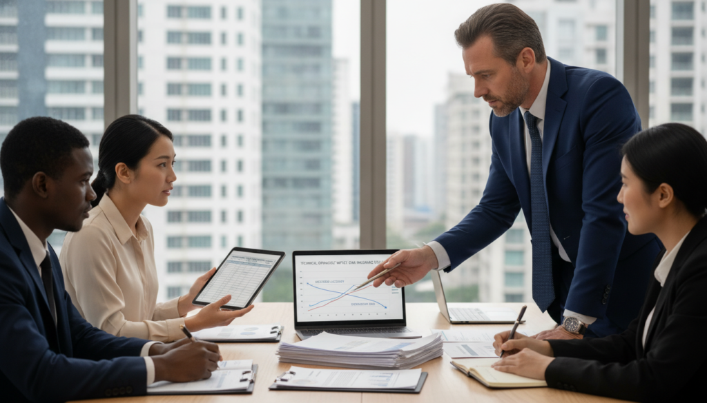 A professional setting depicting a team of diverse insurance experts gathered around a table covered with technical documents and laptop screens displaying analytical data. In the foreground, a middle-aged male insurance analyst in a business suit is pointing at a complex graph, illustrating the impact of technical opinions on insurance evaluations. In the middle ground, a female risk assessor is engaged in conversation, holding a digital tablet, while a young, diverse team member takes notes. The background features a large window with natural light streaming in, highlighting an urban skyline. The atmosphere is collaborative, focused, and serious, with a slight hint of tension as decisions are made about damage assessments. The lighting is bright yet soft, capturing the professionalism of the setting.