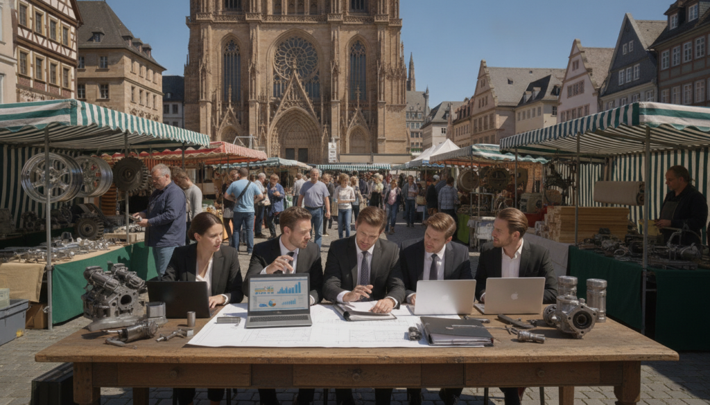 An urban setting in Germany showcasing a bustling market scene capturing the essence of determining fair market rates. In the foreground, a group of professionals in business attire gather around a table filled with tools and parts, analyzing charts and documents. The middle ground features a diverse mix of marketplace vendors displaying their products—auto parts, machinery, and materials—under vibrant canopies. The background reveals iconic German architecture, with clear blue skies overhead providing bright, natural lighting that enhances the professional atmosphere. The angle is slightly elevated, highlighting both the products and the engaged discussions among the professionals, evoking a sense of collaboration and diligence in a thriving market environment. The mood is focused and industrious, embodying the principles of market pricing strategies.